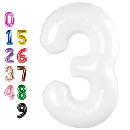 Image of Number Balloons White 3 Balloon 40 inch for 3rd Birthday Party Decoration | Saturated Color, Large 40 inch, With Inflation Straw & Hanging Hole, Great for Bridal Party, Wedding, Thanksgiving, Christmas