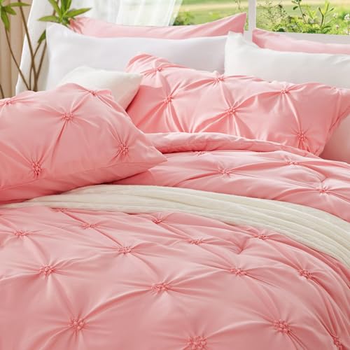 Image of BEDELITE Full Comforter Set Pink,Lightweight & Soft Comforter | Pintuck Boho Bedding, Warm & Cute Bed Set for All Season,With 2 Pillowcases