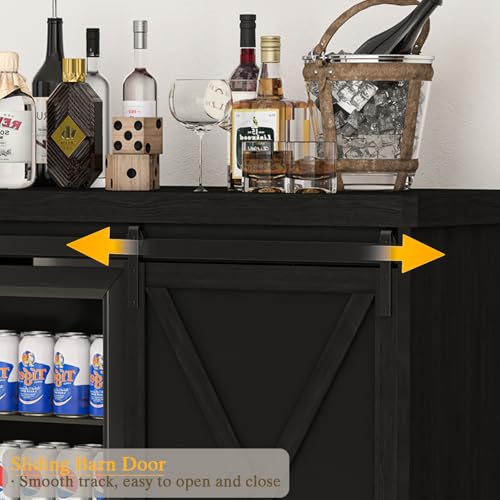 Image of Coffee Bar Cabinet with Mini Fridge Space, 49.2'' Farmhouse Kitchen Buffet Hutch with Power Outlet, Fridge Cabinet with Sliding Barn Door, Wine Rack, Glass Holder for Kitchen Dining Room (Black)