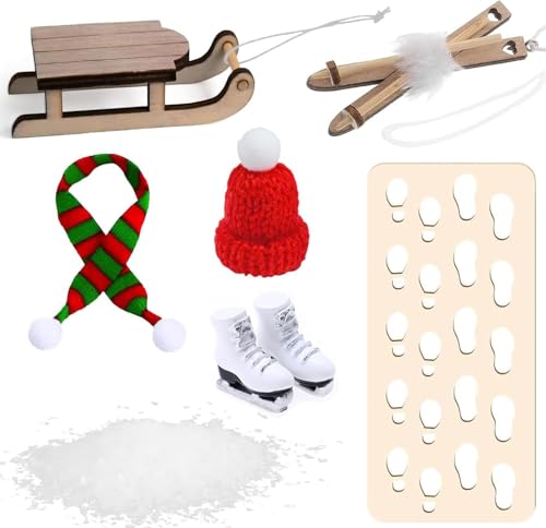Accesorios para Duende de Navidad 9 Piezas en Miniatura，Accesorios de Navidad, Incluye esquí, Trineo, Patines de Hielo, Gorro, Bufandas,Plantilla de Huellas y Copos de Nieve - Decoración