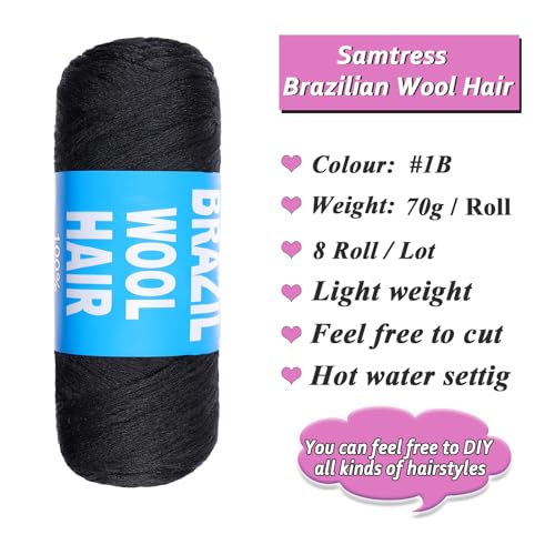 Samtress Brazilian Wool Hair Acrylic Yarn 8 Roll Natural Black 100% Brazilian Wool Hair for Crochet Braids Faux Locs Knitting Hair Synthetic Fiber Hair Extensions (#Black) - Image 2