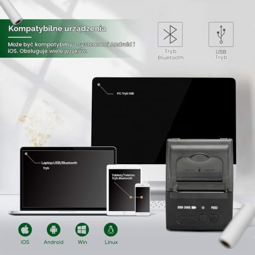NETUM Drukarka pokwitowań Bluetooth, przenośna mini termiczna drukarka POS 58 mm bez etui, kompatybilna z systemem Android/Windows