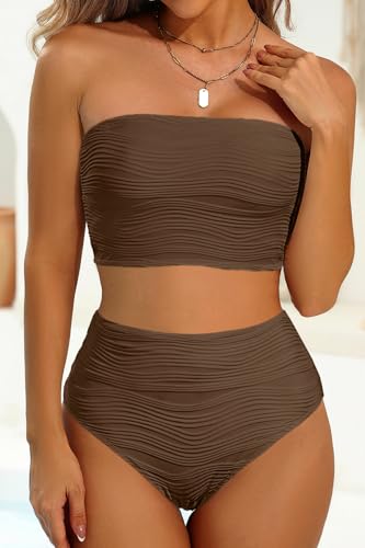Image of High Waisted Bandeau Bikini Set - Women Strapless Two Piece Swimsuits Ribbed Longline Full Coverage Bathing Suits Swimwear