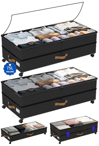 Under Bed Storage with Wheels 2-Pack, 75L XXL Under the Bed Storage Containers Large, 12″ Tall Adjustable Storage for Underbed with Lids, Rolling for Clothes, Shoes, Blankets (Black)
