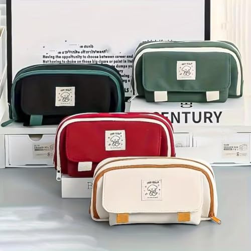 Image of Canvas School Bag Pencil Case, 3 Layer 6 Compartment Large Capacity, Aesthetic Pencil Pouch for Stationary, Cute Stationery for Kids, Pencil Case for Girls & Boys (Kimi Land Green)