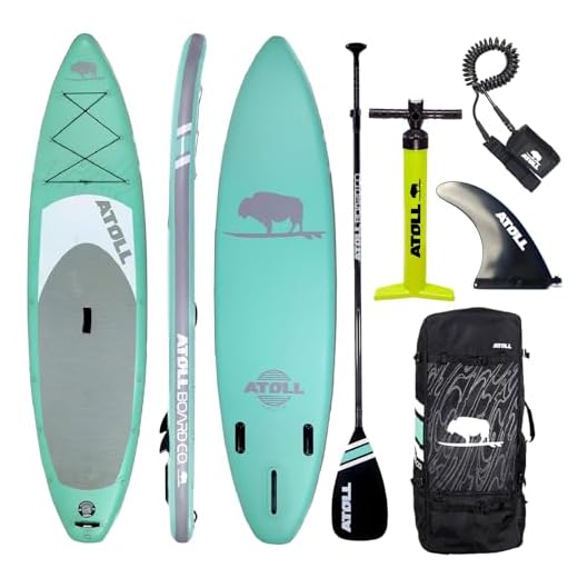 Atoll 11' Foot Inflatable Stand Up Paddle Board (6 Inches Thick, 32 inches Wide) ISUP, Bravo Hand Pump and 3 Piece Paddle, Travel Backpack and Accessories New Leash Included (Aqua Marine)