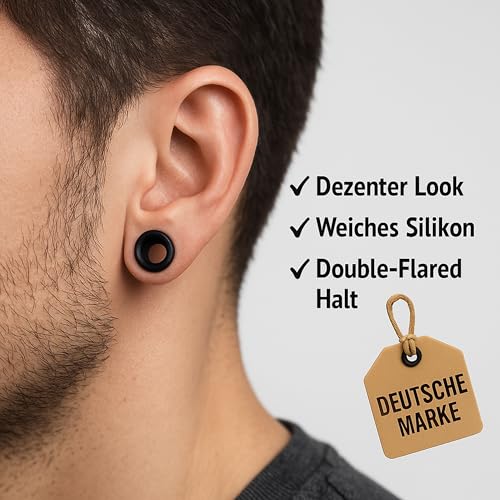 Fellisimo 4x Silikon Ohr Tunnel 10 mm, 6mm, 8mm, 12mm – Schwarz – Weicher Silikon Plug/Tunnel – Komfort, Stabiler Halt, Pflegeleicht – für Geweitete Ohren – Double Flared (Schwarz 10mm)