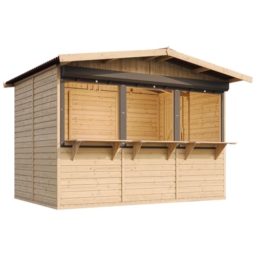 TIMBELA Abri de Jardin en Bois M150AZ – Kiosque Bois - Stand Marché avec 3 Fenêtres + Volets roulants, L336xP263xH232 cm / 6 m², Facile à Monter et à Démonter,...