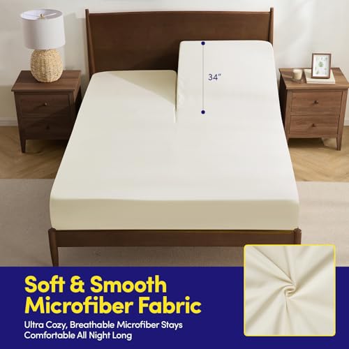 Image of Split Head King Sheets Set for Adjustable Beds 4 Piece Flex Top Bed Sheets - Deep Pocket Split Top Fitted Sheet with Built-in Corner Straps, Luxury Soft Cooling Bedding, Wrinkle Resistant, Ivory