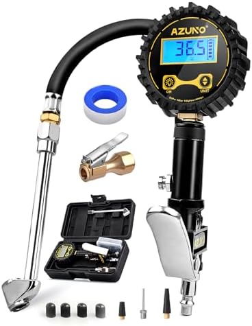 AZUNO Digital Tire Inflator with Pressure Gauge, 200 PSI, Heavy Duty Air Compressor Accessories, with Rubber Hose Lock on Air Chuck and Quick Connect Coupler, Comes with a Portable Carrying Box