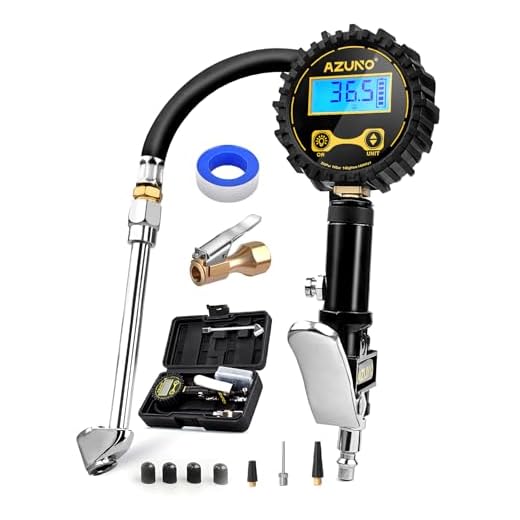 AZUNO Digital Tire Inflator with Pressure Gauge, 200 PSI, Heavy Duty Air Compressor Accessories, with Rubber Hose Lock on Air Chuck and Quick Connect Coupler, Comes with a Portable Carrying Box