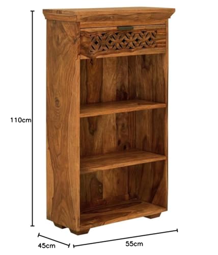 Image of Sheesham Wood Book Shelf with Open Cabinet and Drawer Storage for Home Living Room Library Office Furniture Wooden Bookcase Unit Display Rack (Honey Finish)