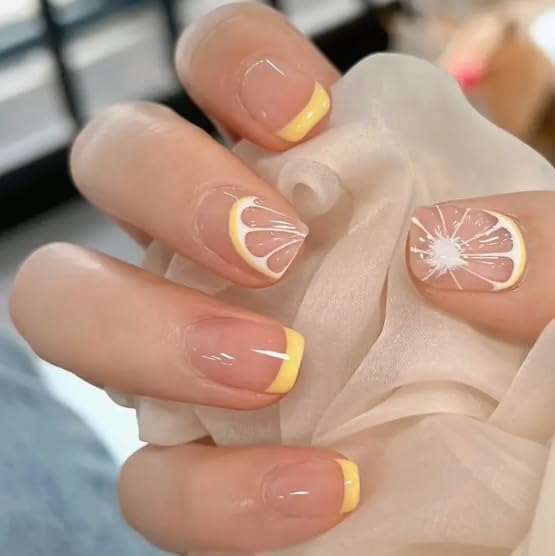 24 Pcs Summer Lemon Design Yellow Fake Nails Set, French Tips Full Coverage False Nails