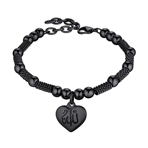 PROSTEEL Allah Bracelet, Muslim Islamic Jewelry Religious Islam Arabic God Charm Stainless Steel Beads Chain Bracelet, fits wrist from 5.9'' to 7.9'', Come with Box 01 black-allah heart