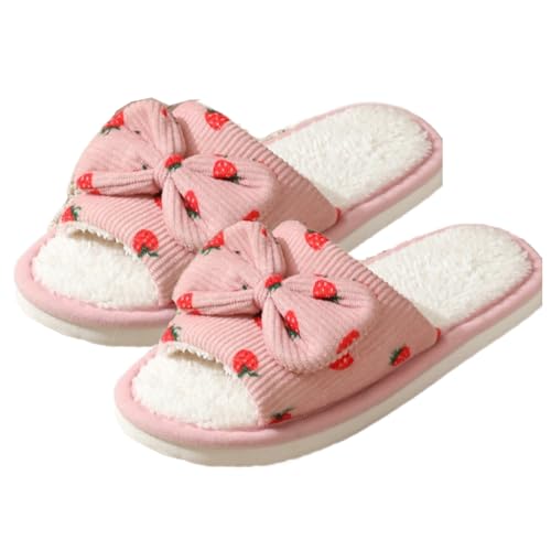 Premium Comfort Cute Bow Strawberry Women's Fuzzy House Slippers Indoor Soft Warm Kawaii Shoes Memory Foam Sole