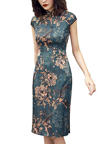Women's Greenish Blue Traditional Flowers Chinese Dress Lightweight Flowy Unlined2