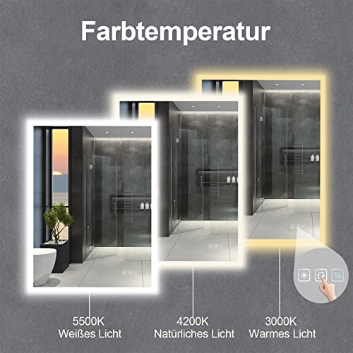furduzz Badezimmerspiegel 80x60 cm, Wandspiegel LED Badspiegel Multifunktions Badspiegel mit Beleuchtung Einstellbares Licht, Antibeschlag, Dimmbare Speicherfunktion, Vertikal&Horizontal 2