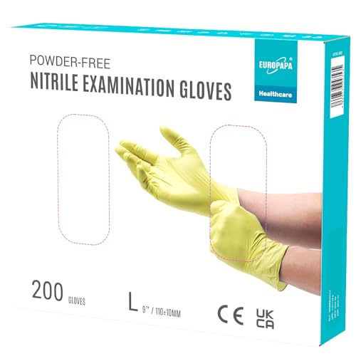 EUROPAPA® 200x Einweghandschuhe Nitrilhandschuhe puderfrei Untersuchungshandschuhe EN455 EN374 latexfrei Einmalhandschuhe Handschuhe in Gr. S, M, L & XL verfügbar (L, Gelb)