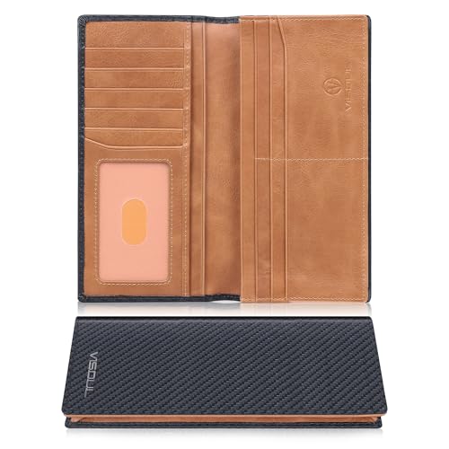 Image of VISOUL Leather Checkbook Cover Wallet for Men with RFID Blocking, Mens Long Bifold Cash Tall Wallet with 11 Credit Card Slots 1 ID Window (Black+Tan)