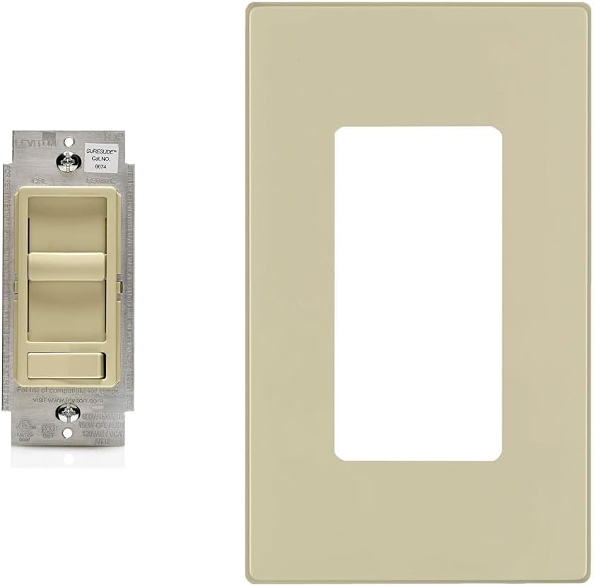 Leviton SureSlide Dimmer Switch for Dimmable LED, Halogen and Incandescent Bulbs, 6674-P0I, Ivory with Screwless Wallplate