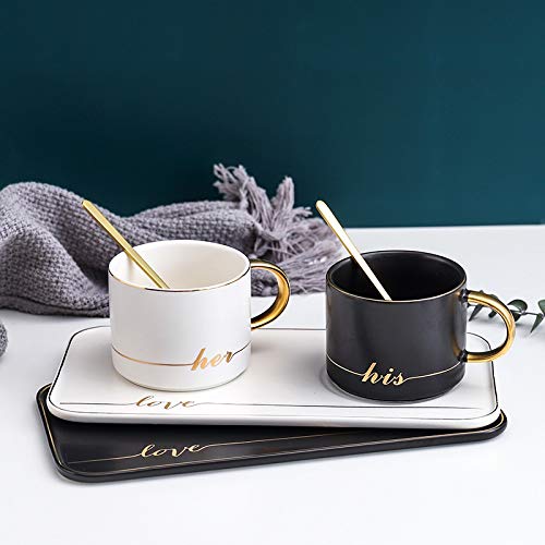 Tasse de café en céramique blanche et détails dorés avec sa cuillère design