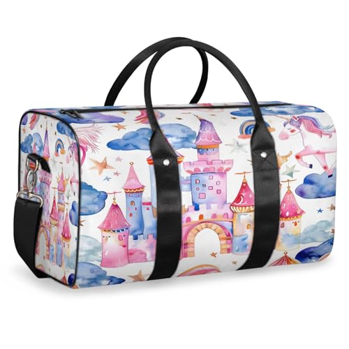 Unicorn Castle Rainbow Travel Duffle Bag, Sports Gym Bags for Women Men, Carry On Weekender Overnight Workout Airplane Trips Bag