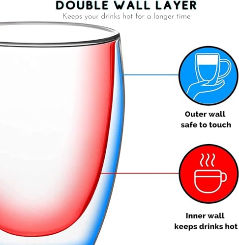 Image of ANKUL Heart Shaped Transparent Double Walled Insulated Glass Pack Of 2 Coffee Mugs Or Tea Cups With Unique Handle (Heart Cup, 2), 250 ml