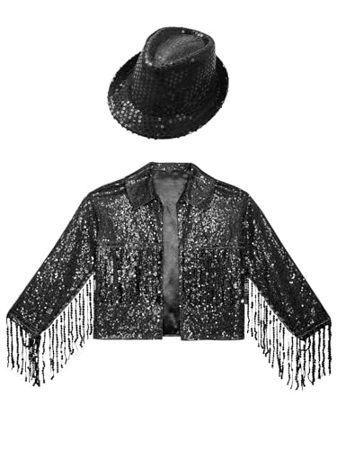 Kids Girls Boys Latin Hip Hop Dance Outfits Long Sleeve Cardigan Shiny Glitter Sequin Tassle Jacket Coat with Hat3