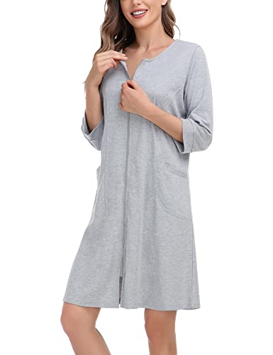SWOMOG Women Zip Up Robe 3/4 Sleeve Housecoat Soft Cotton Zipper Front Nightgown Loungewear with Pockets4