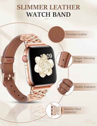 Image of Newlibery Leather Band for Women Slim Dressy Bands Compatible with Apple Watch 38mm 40mm 41mm 42mm 44mm 45mm 49mm, Designer Interlock Buckle Strap for iWatch Series 10 /9 /8 /7 /6 /5 /4 /3 /2 /1 /SE /Ultra