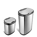 NINESTARS CB-DZT-50-13/12-13 Automatic Touchless Infrared Motion Sensor Trash Can Combo Set, 13 Gal 50L & 3 Gal 12L, Stainless Steel Base (Oval, Silver/Black Lid)