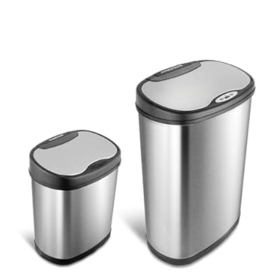 NINESTARS CB-DZT-50-13/12-13 Automatic Touchless Infrared Motion Sensor Trash Can Combo Set, 13 Gal 50L & 3 Gal 12L, Stainless Steel Base (Oval, Silver/Black Lid)
