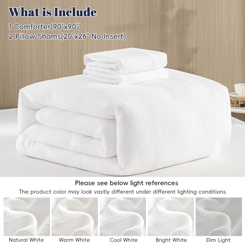 Image of PHF Cotton Muslin Comforter Set Queen - 100% Cotton Cover, Ultra Soft & Breathable, 3PCS Lightweight All-Season Bedding with Polyester Fill, 1 Comforter 90 inchx90 inch & 2 Pillow Shams 20 inchx26 inch, White
