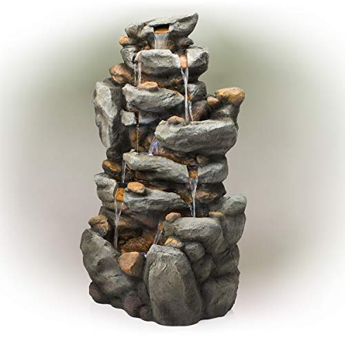 Alpine Corporation 50" Tall Outdoor 8-Tier Rock Waterfall Fountain With Led Lights, Grey #TOP7