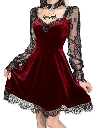 SEAUR Gothic Kleid Damen Minikleid Retro Vintage Steampunk Rock Kleider Karneval Party Club Wear Cosplay Kostüm Fasching - M