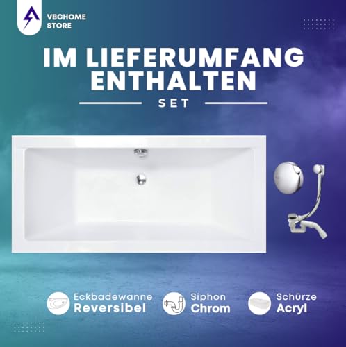 VBChome Badewanne 180x80 cm Acryl SET – Rechteckwanne Weiß, mit Schürze, Siphon, Wannenfüße, Ablaufgarnitur Chrom, Modernes Design, Freistehend oder Einbau, Pflegeleicht, Robuste Acrylwanne