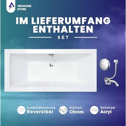 VBChome Badewanne 180x80 cm Acryl SET – Rechteckwanne Weiß, mit Schürze, Siphon, Wannenfüße, Ablaufgarnitur Chrom, Modernes Design, Freistehend oder Einbau, Pflegeleicht, Robuste Acrylwanne – Bild 7