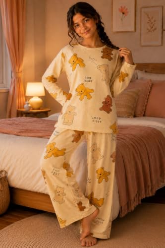 Image of TotzTouch Girls Printed Pyjama Set | Full Sleeve Top with Wide Leg Pyjama Pants | Stylish Cotton Co-Ord Nightwear Set for Kids