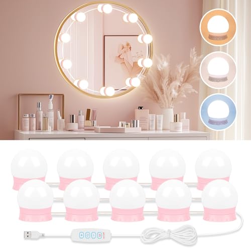 Luces LED de tocador para espejo, luz de tocador rosa con 10 bombillas regulables, 3000 K, 4000 K, 6500 K y 10 niveles de brillo, cable USB ajustable, luces de espejo Hollywood para maquillaje