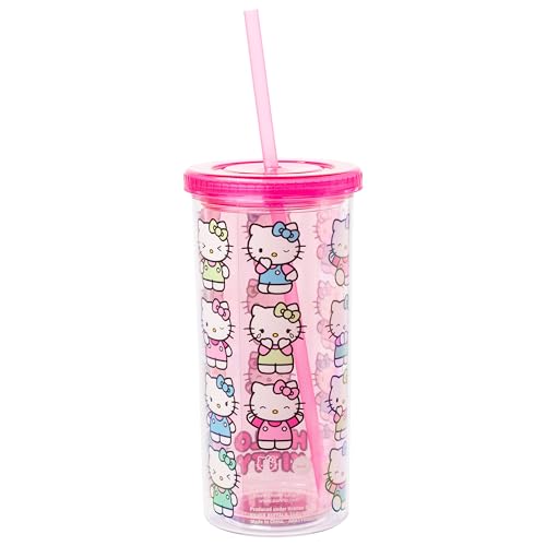 Image of Silver Buffalo Sanrio Hello Kitty Expressions Poses Plastic Cold Cup with Lid and Straw, 20 Ounces