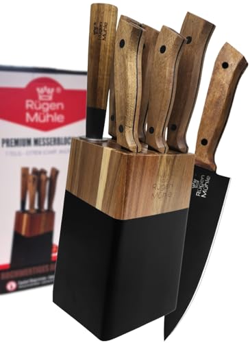 DER ORIGINAL - RÜGEN MÜHLE Premium Design Messerblock 7-teilig Akazien Echtholz Edelstahl Rostfrei Messerset Messerblock mit Messer Knife Set Küchenmesser Set Messer Set Messerset mit Block