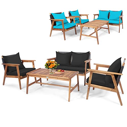 COSTWAY 4 Pieces Acacia Wood Patio Conversation Set, Black & Turquoise