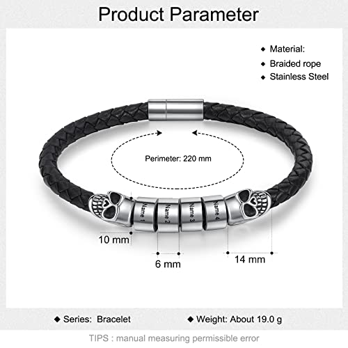 Personalized Men Black Braid Bracelet, Custom Leather Bracelet For Men With 2-5 Names Engraved Names Beads Unisex Engraved Men's Id Bracelet For Birthday Father's Day Valentine's Day For Boyfriend (4 Names) #TOP1