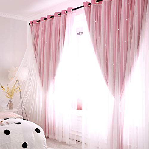 Unistar 2 Panels Stars Blackout Curtains For Bedroom Girls Kids Baby Window Curtain Double Layer Star Cut Out Aesthetic Living Room Decor Wall Home Decorations Curtain,W52 X L84 Inches,Pink #TOP2