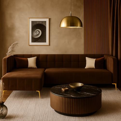 Image of SOCOZI Stylluxe 6 Seater LHS L Shape Sofa Set | Soft Velvet Suede Fabric | Modern Design | Plush Comfort Cushions for Living Room (Brown)