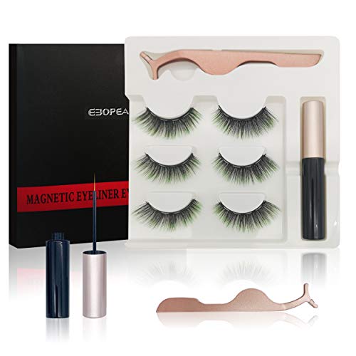 Magnetic Eyelashes and Eyeliner Kit EBOPEA Magnetic Eyeliner & Lash Kit - 3P airs Colorful False Lashes with 1 Eyeliner and Tweezer- for Party Cosplay Dating Wedding Halloween (Green)