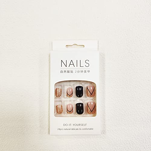 French Tip Press On Nails Short Square Fake Nails Full Cover Glossy Glue On Nails Black And Gold False Nails With Glitter Designs Gold Tip Nail Acrylic Nails Stick On Nails For Women And Girls 24Pcs #TOP5