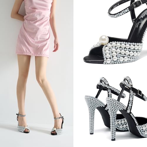 Women's Sparkly Pearl Open Toe Ankle Strap Stiletto 4.3IN Heel Sandals Nightclub Party Wedding Shoes2