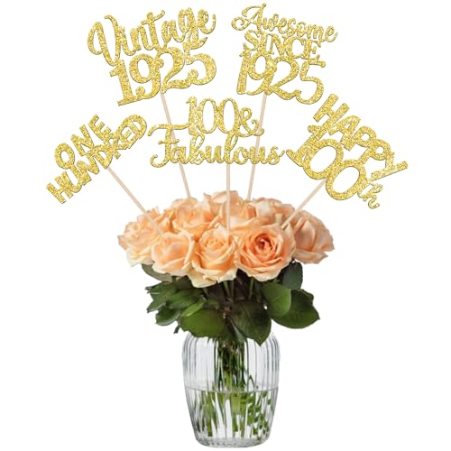 15 PCS 100th Birthday Centerpiece Sticks One Hundred Happy 100th Vintage 1925 Table Flower Centerpieces Sticks Cheers to 100 Fabulous Floral Decorations for 100th Birthday Party Supplies Gold
