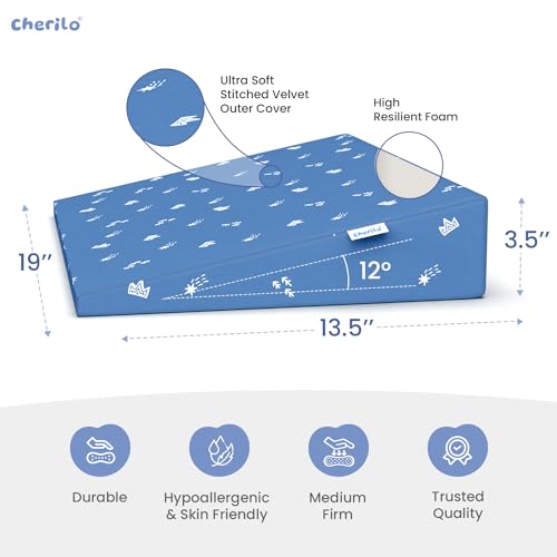 Image of Cherilo Half Size Elevated Wedge Baby Pillows for New Born, Pillow for Kids, Crib & Mattress, Prevents Acid Reflux, Colic, GERD, Heat Burn & Vomiting, 19 inch x 13.5 inch x 3.5 inch, With Cover, Star Design, Blue